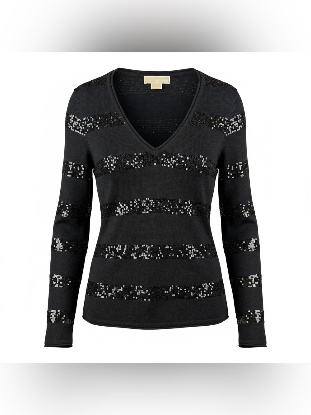 Michael Kors Black Sequin Striped V-Neck Sweater